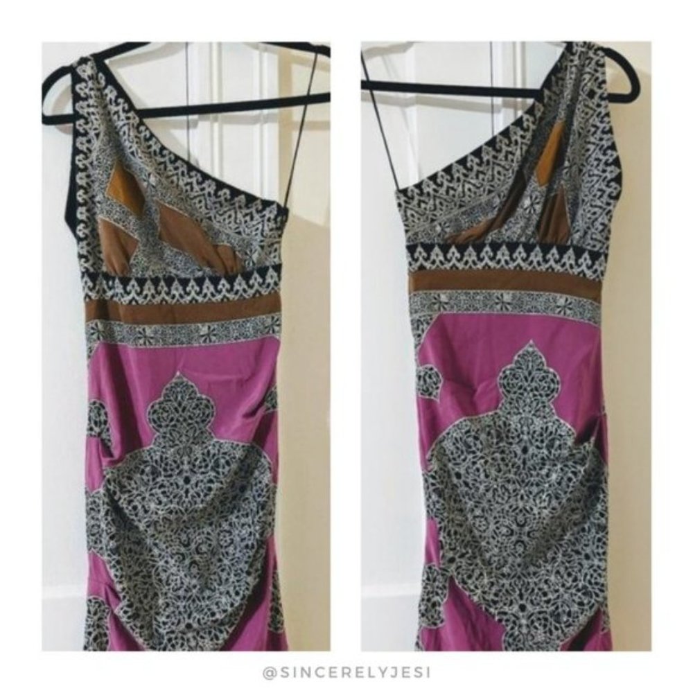 Nicole Miller ▪ One-Shoulder Patterned Earth Tone Silk Scarf Ruched Side Dress